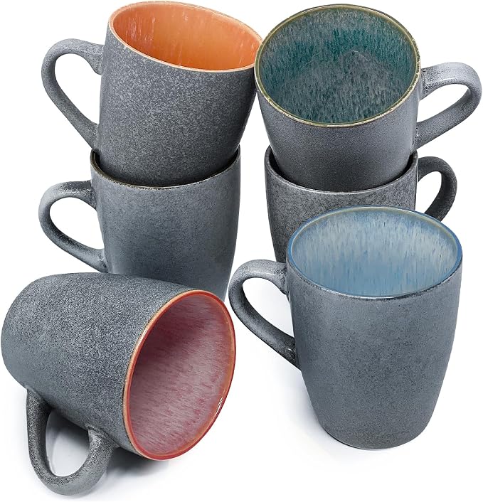 BTaT- Porcelain Coffee Mugs Set, 12 oz (350ml), 6 Pack, Ceramic Coffee Mugs, Matte Black Outside and Colorful Inside, Restaurant Cups for Tea, Cappuccino, Cocoa, Cereal, Mug Gift Set, Dishwasher Safe by BrewToATea
