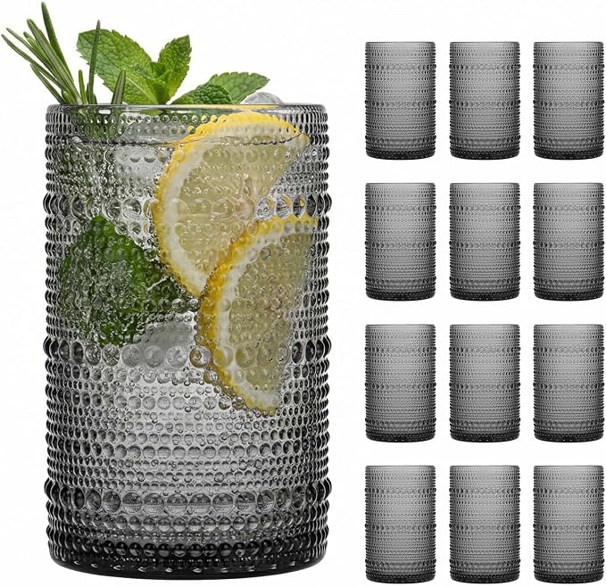Moretoes 12 Pack 15 Oz Gray Large Hobnail Drinking Glasses Set | Vintage Glassware,Embossed Glass Cups,Water Tumbler,Highball Glasses For Beer, Juice And Various Mixed Drinks by Moretoes