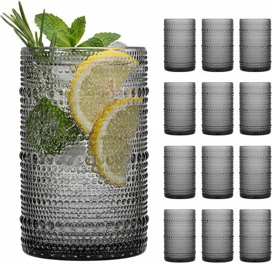 Moretoes 12 Pack 15 Oz Gray Large Hobnail Drinking Glasses Set | Vintage Glassware,Embossed Glass Cups,Water Tumbler,Highball Glasses For Beer, Juice And Various Mixed Drinks by Moretoes