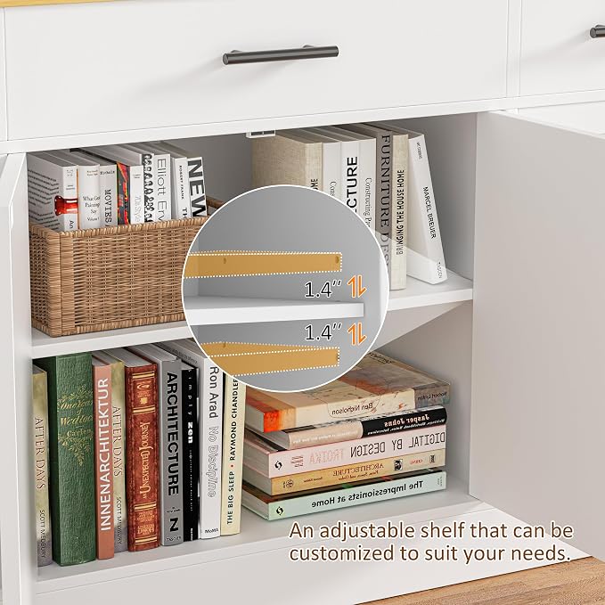 Vongrasig 53” Sideboard Buffet Cabinet with with Storage | Large Farmhouse Coffee Bar Cabinet with 4 Doors and 3 Drawers for Kitchen, Living Room, White - Image 5