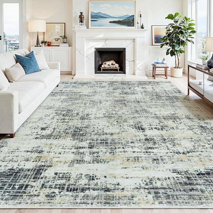 10x14 Washable Area Rug for Living Room Bedroom: Non-Slip Modern Black Gray | Machine Washable TPR Backing, Stain-Resistant Low Pile, Pet & Kid Friendly, Abstract Decor for Dining Room, Dorm, Home Office by Oriannal