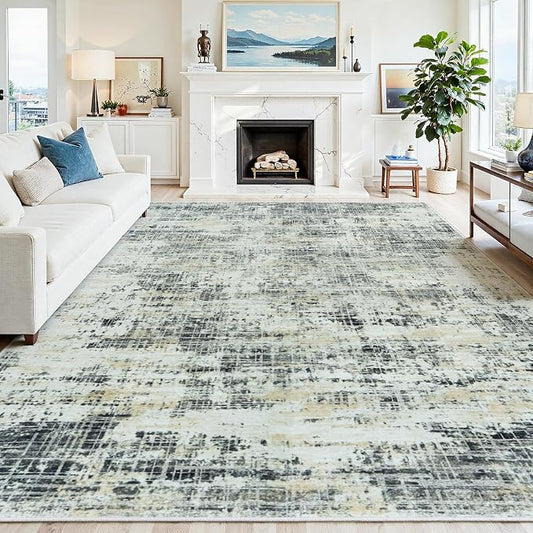 10x14 Washable Area Rug for Living Room Bedroom: Non-Slip Modern Black Gray | Machine Washable TPR Backing, Stain-Resistant Low Pile, Pet & Kid Friendly, Abstract Decor for Dining Room, Dorm, Home Office by Oriannal