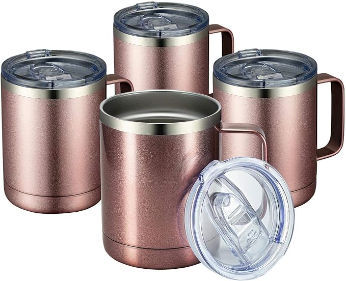 MEWAY 12oz Coffee Mug With Handle 4 Pack Bulk,Stainless Steel Insulated Travel Tumblers With Sliding Lid,Double Wall Vacuum Camping Cup for Hot & Cold Drinks Tea (Rose Gold,Set of 4) by MEWAY