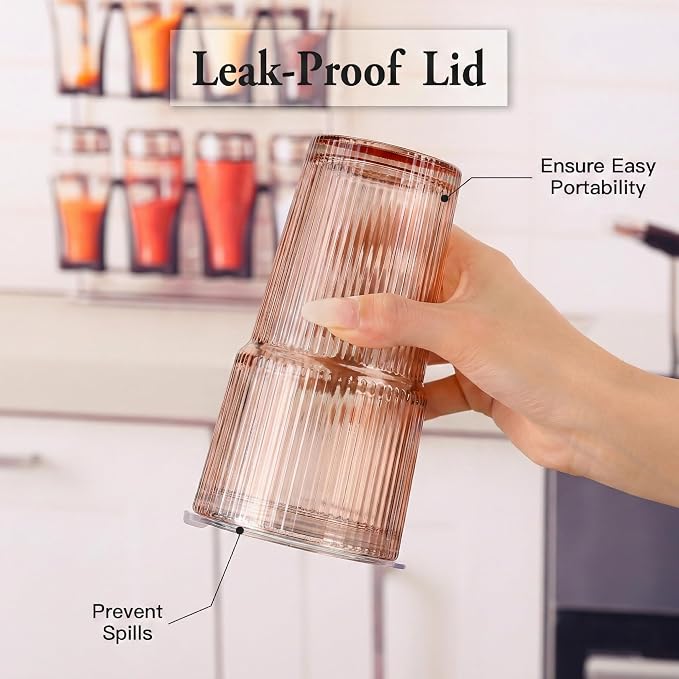 6PCS Venus Ribbed Glass Cups with Lids and Straws, 20oz Brown Vintage Drinking Glasses, Aesthetic Iced Coffee Cups, Glass Tumbler for Boba, Beer, Tea, Cocktails, Brown Ribbed Glassware Set (Venus-6) - Image 4