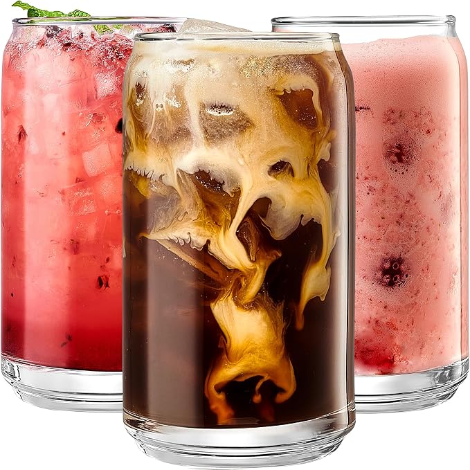 Le'raze Set of 6 Patented Can Shaped® Drinking Glasses - 16oz Clear Goblet Glass Cups for Margarita, Cocktails, Iced Coffee, Tea, Soda, Whiskey, Water and Beer by LERAZE