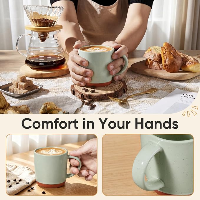 E-far Ceramic Coffee Mug Set of 4, 12oz Stoneware Coffee Cup with Handle, Porcelain Tea Cups, Modern Farmhouse Latte Mug Gift Set for Women & Men, Microwave Safe, Speckled Green - Image 6