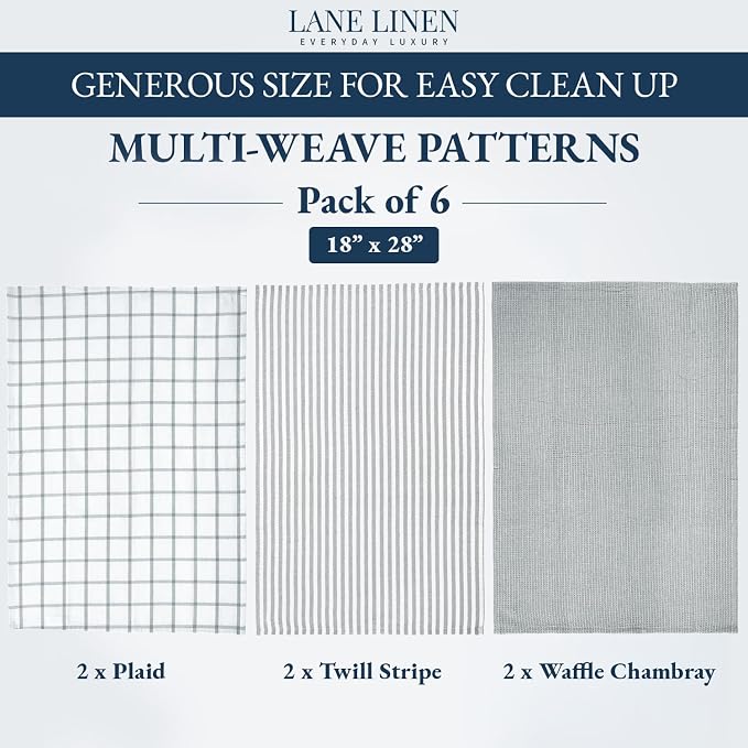 LANE LINEN Cotton Kitchen Towels and Dish Cloths Set, 6-Pack – Absorbent, Quick-Drying Dish Towel, 18" x 28", Soft, Premium Hand and Tea Towels - Grey - Image 2