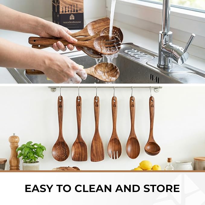 Wooden Spoons for Cooking – 6 Pcs Premium Teak Wooden Utensil Set | Durable, Nonstick Safe, Heat Resistant & Easy to Clean with Ergonomic Handles - Image 8