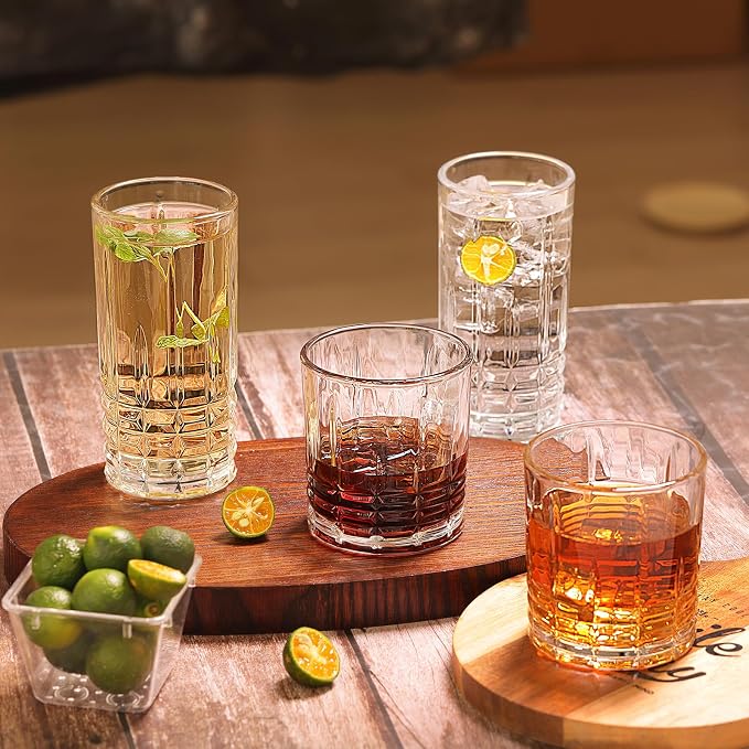 Moretoes Drinking Glasses Set of 12,Mixed Drink Cocktail Glass | 6 Highball Glasses 12 Oz,6 Rocks Glasses 10 Oz Vintage Glassware Sets for Whiskey, Cocktails, Water & Juice - Image 7