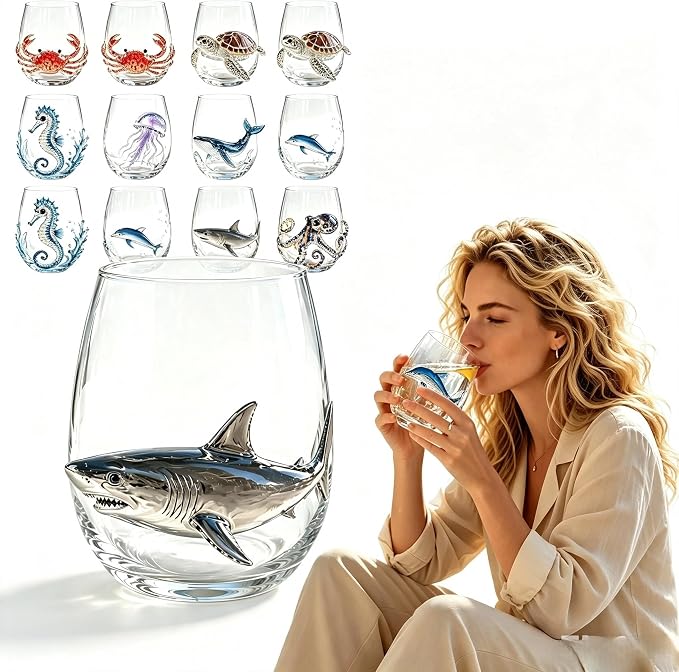 Novelty 3D Sculpted Ocean Life Stemless Wine Glasses, 12oz Embossed Sea Animal Glassware for Beverages, Premium Borosilicate Glass Beach Gifts (Shark) by Unknown