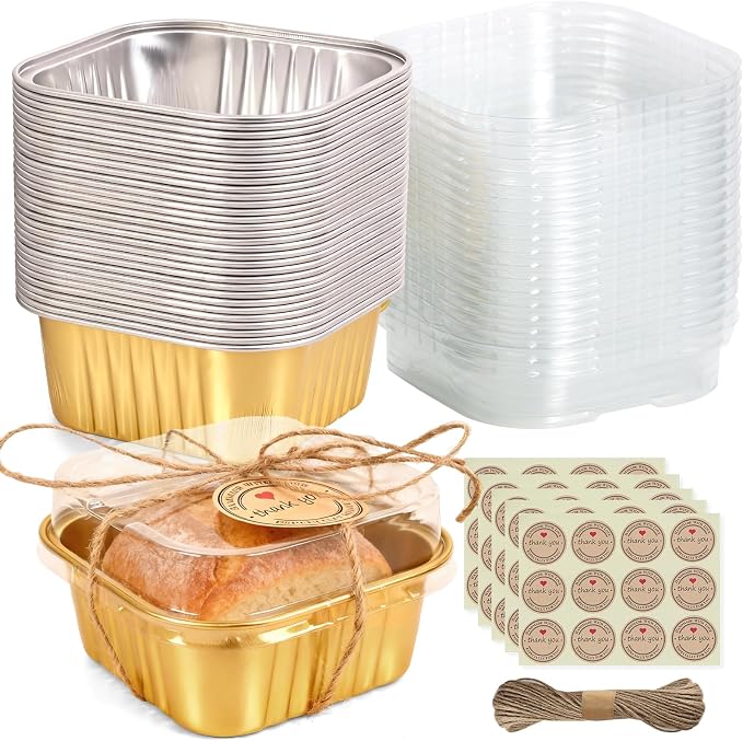 Mini Square Baking Cups with Lids, 50 Pcs 5oz Gold Aluminum Foil Cupcake Tins with Lids, Disposable Ramekins Flan Cake Pans Tins for Souffle, Dessert, Valentine, Wedding, Party Small Cake Containers by NorxzioreDessertBoxes