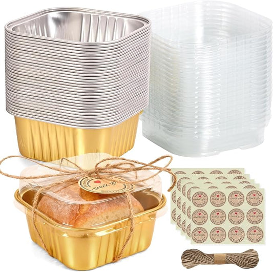 Mini Square Baking Cups with Lids, 50 Pcs 5oz Gold Aluminum Foil Cupcake Tins with Lids, Disposable Ramekins Flan Cake Pans Tins for Souffle, Dessert, Valentine, Wedding, Party Small Cake Containers by NorxzioreDessertBoxes