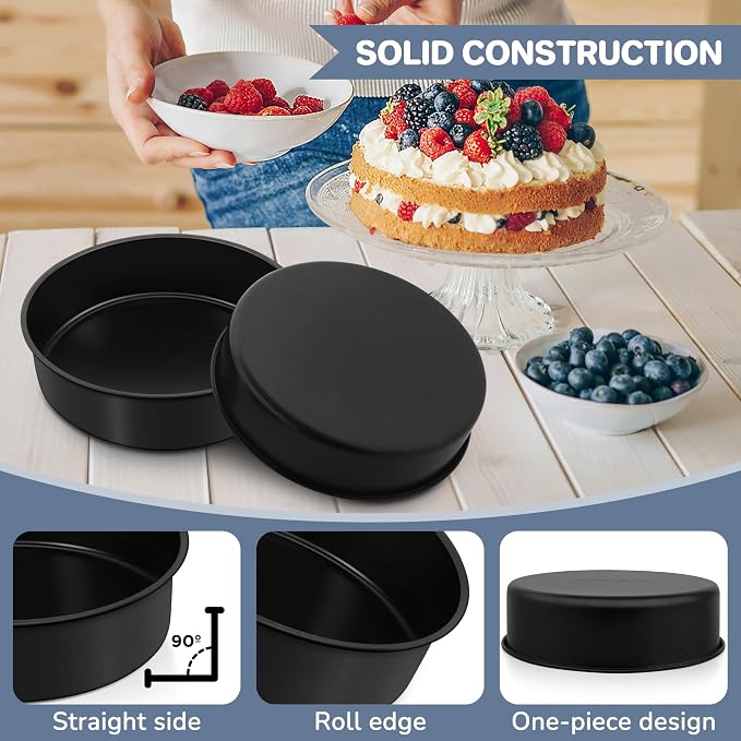 E-far 8x2 Inch Cake Pan Set of 2, Nonstick Round Cake Pans Tins for Baking Birthday Wedding Layer Smash Cakes, Stainless Steel Core & Nontoxic Coating, Straight Side(Black) - Image 4