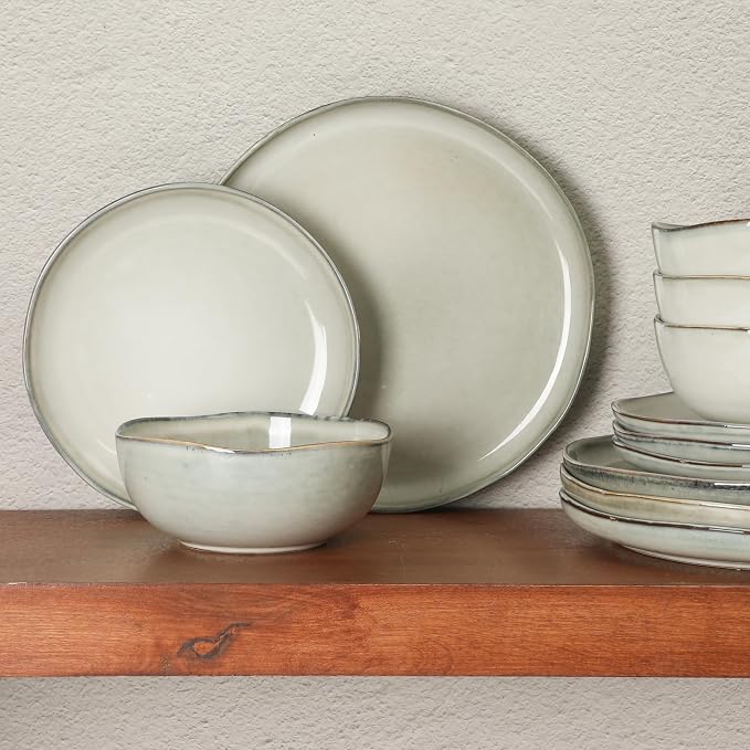 Gibson Elite Nardini 12 Piece (Service for 4) Plates and Bowls Reactive Glaze Dishes Stoneware Ceramic Dinnerware Set - Moon White - Image 2