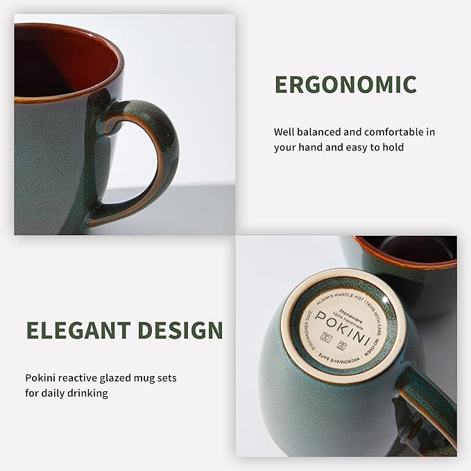 Pokini Coffee Mug 14 oz, Ceramic Coffee Mugs Set of 6, Reactive Glaze Mug for Latte/Tea/Cappuccino, Large Stackable Mug Set for Men, Women, Dad, Mom, Dishwasher & Microwave Safe, Brown Green - Image 5