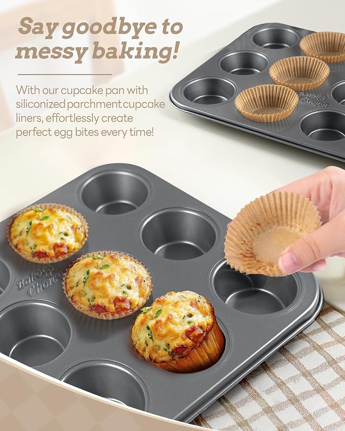 Bake Choice 2 Muffin Pan for Baking, Standard Cupcake Pan with 100 Liners | Includes 100 Natural Cupcake Liners, Non-Stick Muffin Tin Nonstick 12 Cup, Baking Pans Set, Carbon Steel Baking Supplies - Image 3