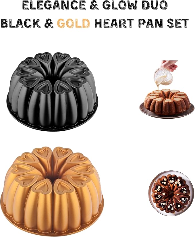 Heart Shape Aluminum Cake Pan, Titanium Coating, Non-Stick, 12 Cups, Gifts for Mom, 10 Inch Baking Mold, Cast Aluminum Fluted Tube Pan, Easy to Clean (2-Pack, Black-Gold) - Image 5