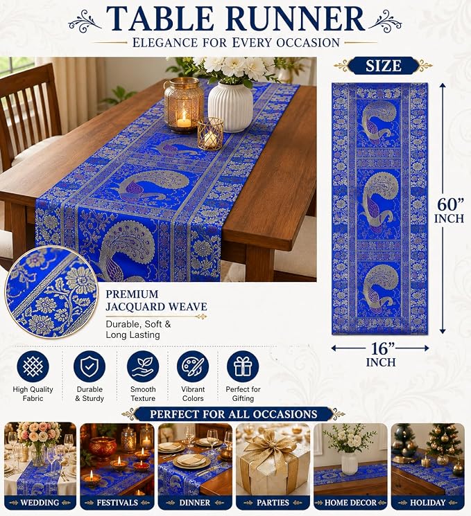 Indian Handmade Peacock Design Table Runner.Traditional Decorative Ethnic Kitchen Table Cloth for Wedding Bridal Birthday Party Decorations. 60 X 16 Inch Turquoise Color - Image 3
