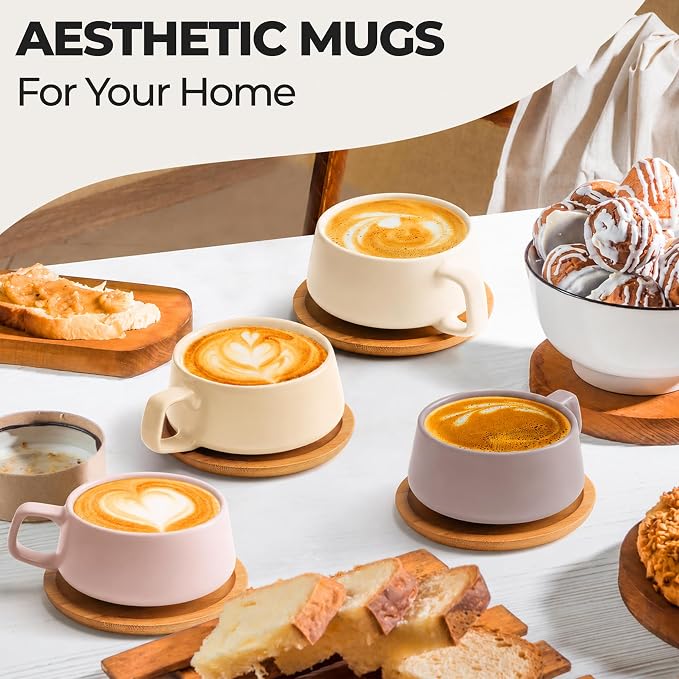 MIAMIO - Cappuccino Cup Set of 4, Ceramic, Wide (9.5oz) - Luxe (Cream Rose) | Ceramic cappuccino cups and saucers, wide latte cups and mugs for Americano, 4-piece set of ceramic cups, dishwasher safe - Image 2