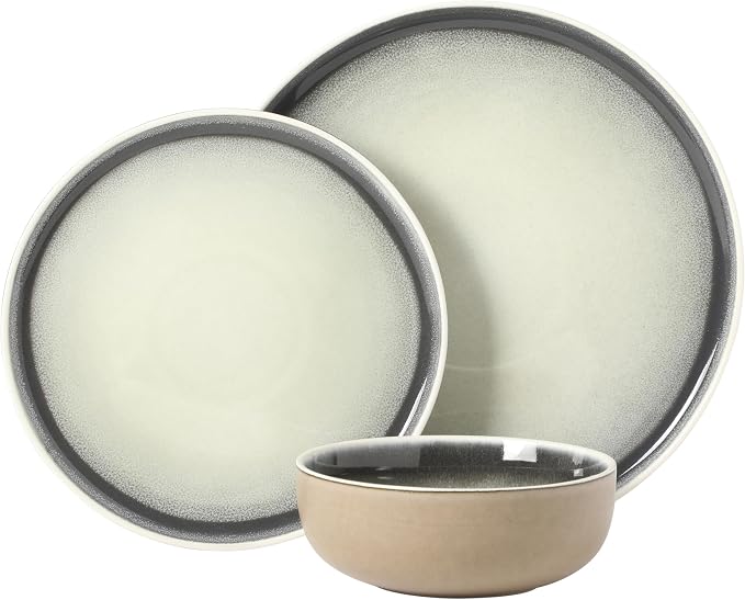 Gibson Elite Island Bay 12-Piece New Bone China Dinnerware Set Service for 4, Reactive Glaze Plates and Bowls, Dishwasher and Microwave Safe, Black and Cream - Image 8