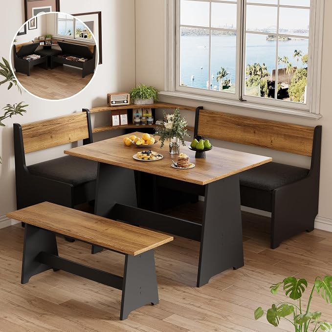 PAKASEPT Corner Breakfast Nook Table Set with Cushion, L-Shape Kitchen Dining Table with Bench, Farmhouse Wood Breakfast Nook Bench with Hidden Storage,Black by PAKASEPT
