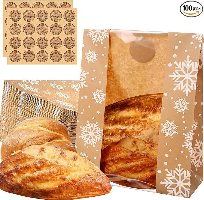 Feifeiya 100 Pack Kraft Paper Bread Bags for Homemade Sourdough Bread with Window & Stickers, 13.7x8.3 Large Bakery Bags for Loaves Greaseproof Food Packaging for Baking Gifts, Brown(Snowflake) by Feifeiya