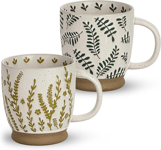 18 Oz Large Ceramic Coffee Mug Set of 2 - Rustic Handmade Floral Mugs with Handle, Microwave Safe for Latte Espresso Cappuccino Tea Cocoa Milk, Modern Unique Big Cups for Kitchen Women(Sage Green) by SwuutKitchen