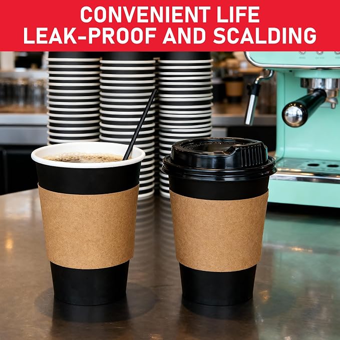 12 oz Paper Coffee Cups with Lids 100 Pack, Black Disposable Hot Coffee Cups with Lids, Sleeves and Stirring Sticks, To Go Cups, for Parties, Picnic, Travel, and Events - Image 4