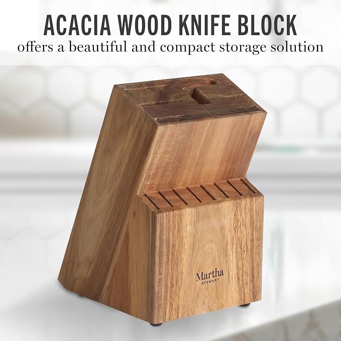 Martha Stewart Knife Block Set 16-Piece - Lockton High Carbon Stainless Steel Forged Full Tang Chef Knives, Acacia Wood Block, Triple Riveted Handles, Linen White & Gold - Image 6