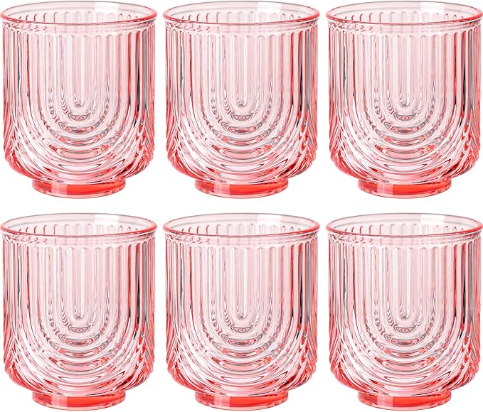 Pink Vintage Drinking Glasses Set of 6-15oz Hand-Blown Highball Ribbed Glassware, Arch Design Cocktail Glasses for Whiskey Water Beverages Ice Coffee Juice Milk by TrophyToast