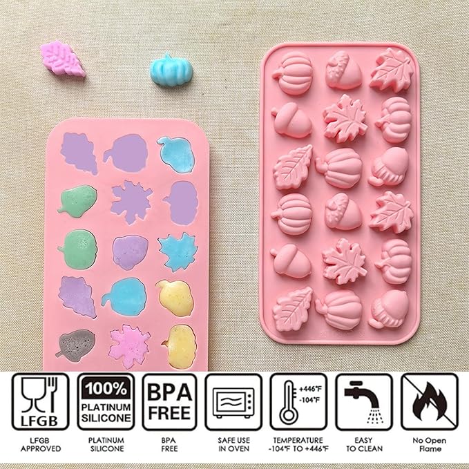 2 Piece Fall Silicone Molds for Chocolate, Autumn Maple Leafs Acorns and Pumpkins Shape 3D Chocolate 36-Cavities Candy Moulds for Thanksgiving Day, Harvest Theme Candy Pudding Jelly Making