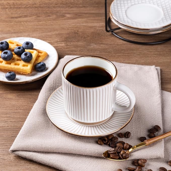 GBhome 6 OZ Stackable Coffee Mugs Set of 4, Ceramic Espresso Coffee Cups | Coffe Cups With Saucer and Stand, Dishwasher&Microwave Safe, 4 Assorted Designs - Image 5