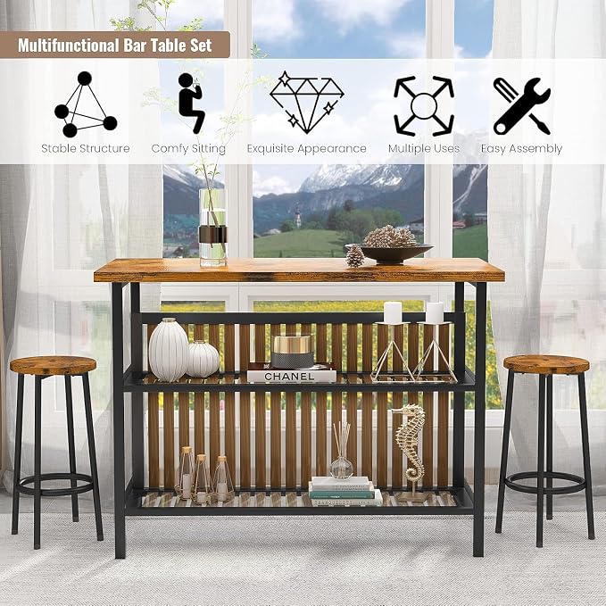 AWQM Kitchen Island with Seating & Storage Shelf, Modern Bar Table and Chairs Set for 2, Wooden Island Table for Kitchen, Dining Table Set for Small Space, Walnut Color - Image 5