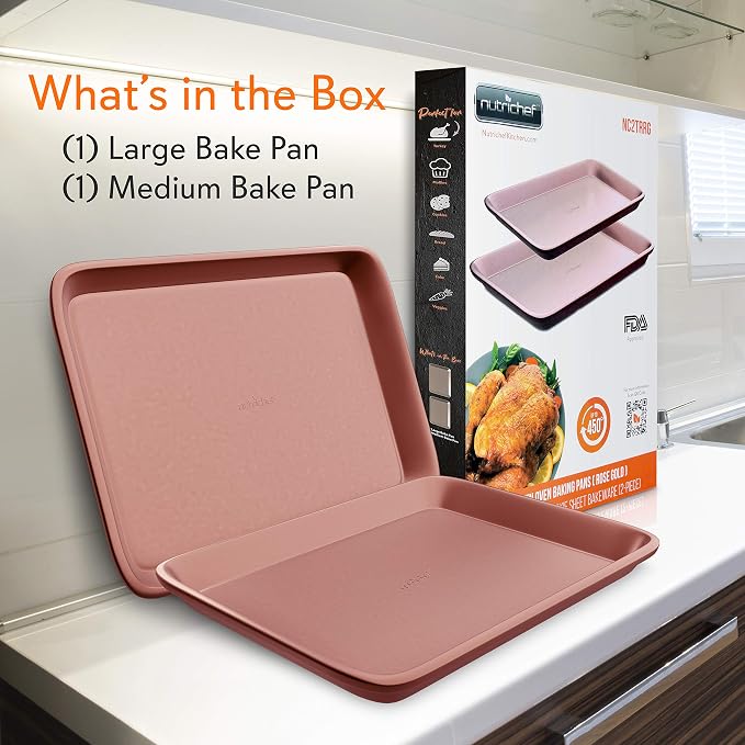 NutriChef Nonstick Cookie Sheet Baking Pan - 2pc Large & Medium Metal Oven Baking Tray, Professional Quality Kitchen Cooking Non-Stick Bake Trays w/ Rimmed Borders, Rose Gold - Image 7