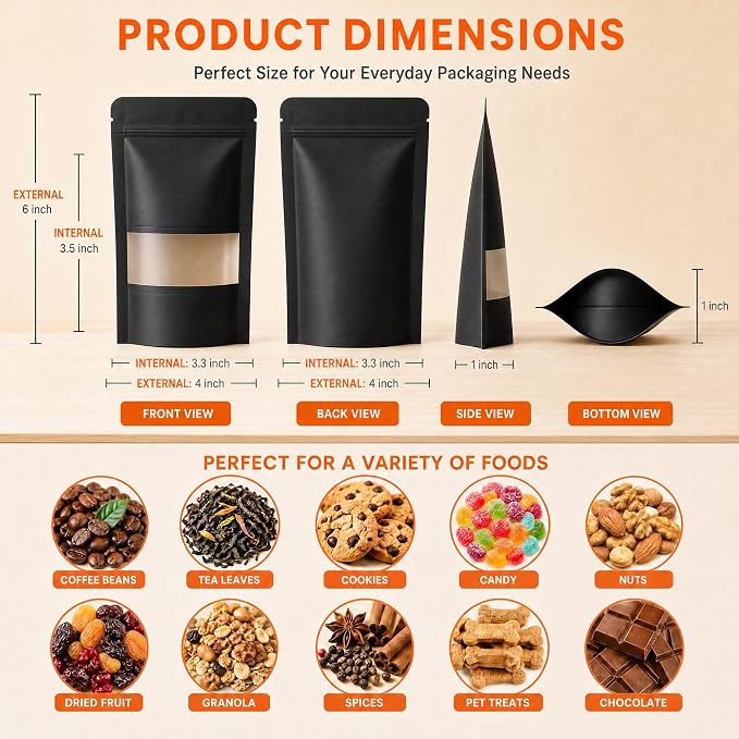 100 Pcs Black Kraft Paper Bags with Window, 4" x 6" Stand Up Pouches Bags, Food Storage Bags for Packaging Products, Reusable, Sealable - Image 3
