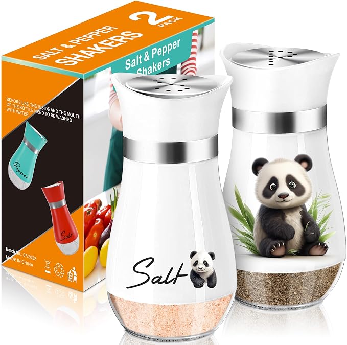 Sitting Panda Salt and Pepper Shakers - 4 oz Glass Set with Steel Lids | Sitting Panda Design with Glass Bottoms and Stainless Steel Lids Adds Playful Charm to Kitchens and Makes Refilling Easy. by ARROZON