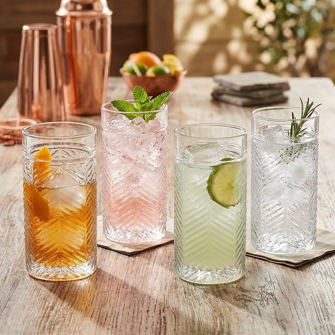 Highball Glasses Set of 4 Herringbone, 15.5 oz Tall Drinking Glasses, Elegant Textured Premium Glassware Tumblers for Water, Juice, Cocktails, Everyday use Vintage Style Beverage Glass Set - Image 5