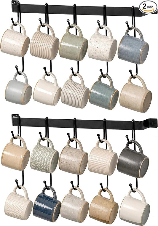 17" Coffee Mug Hook Rack Wall Mounted Set of 2 | Black Metal Tea Cup Holder Hanger Organizer 10 Hooks, Kitchen Rail Utensil Rack for Dining Room Coffee Bar by yeavs