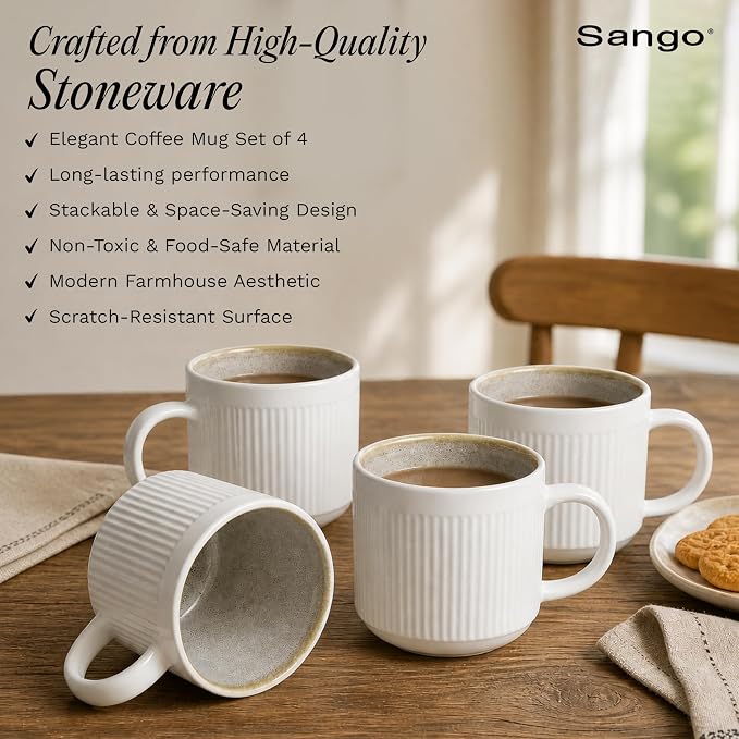 SANGO Anderson Cream Coffee Mugs Set of 4, 16.5 oz Stoneware Coffee Mug Set, Big Ceramic Tea Cup with Reactive Glaze for Cappuccino, Latte, Large Coffee Cups with Handle, Microwave & Dishwasher Safe - Image 4