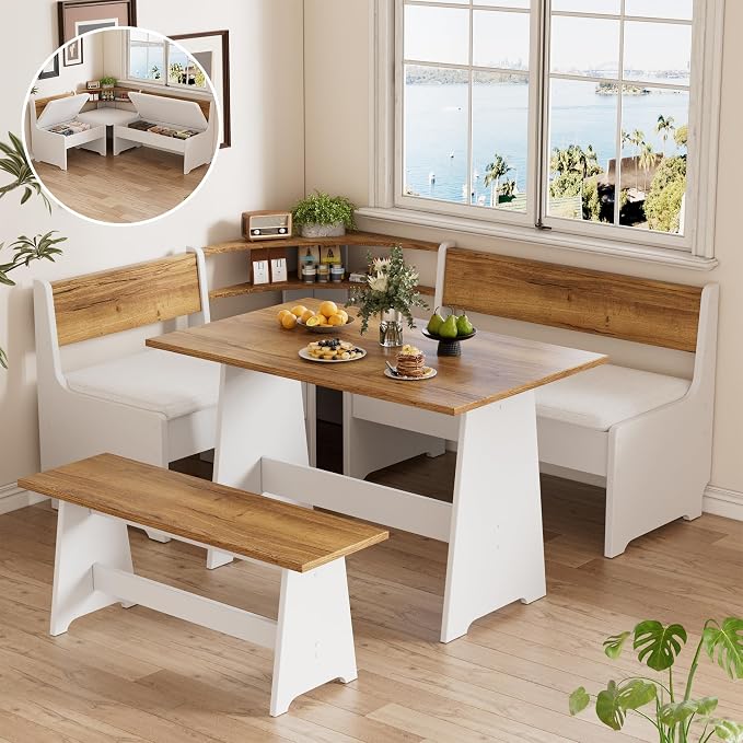 PAKASEPT Corner Breakfast Nook Table Set with Cushion, L-Shape Kitchen Dining Table with Bench, Farmhouse Wood Breakfast Nook Bench with Hidden Storage,White & Brown by PAKASEPT