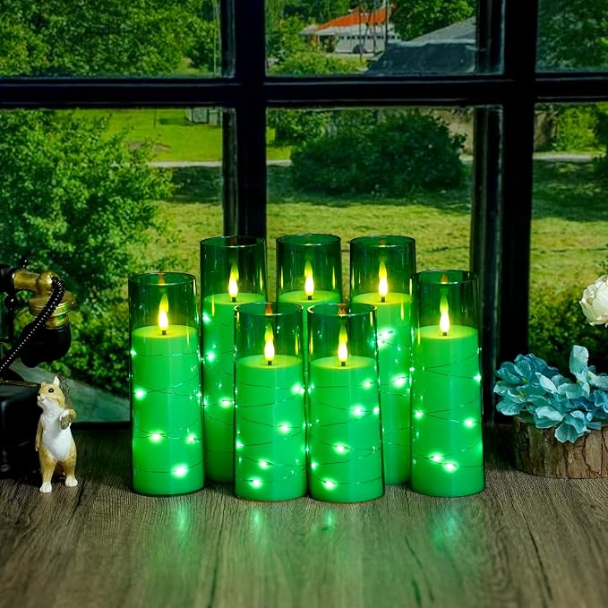 Flameless Candles,with Embedded Star String, Battery Operated Candles Flickering LED Pillar Candles with Remote Control and Timer, Home Decoration Add a Warm and Romantic Atmosphere，Set of 7 (Green) - Image 3