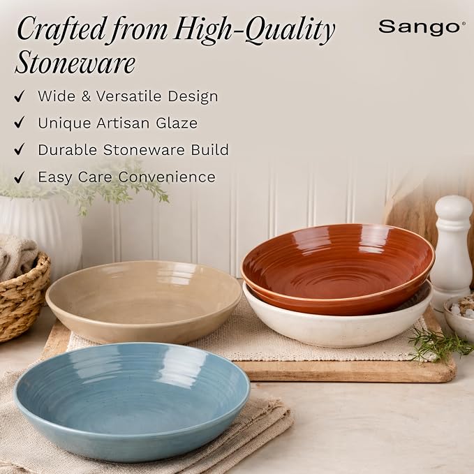 Sango Siterra Painter's Palette Stoneware Pasta Bowls (Set of 4) – Pasta & Serving Bowls, Earthy Reactive Glaze, Multi Assorted Colors, Microwave & Dishwasher Safe, for Everyday Dining & Entertainment - Image 3