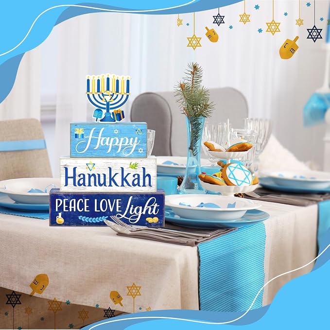 Moucuny 4 Pcs Hanukkah Decorations for Home Chanukah Table Decor Wooden Menorah Decoration Hanukkah Centerpiece Rustic Decorative Menorah Block Signs Gift Farmhouse Jewish New Year Decoration for Home - Image 3