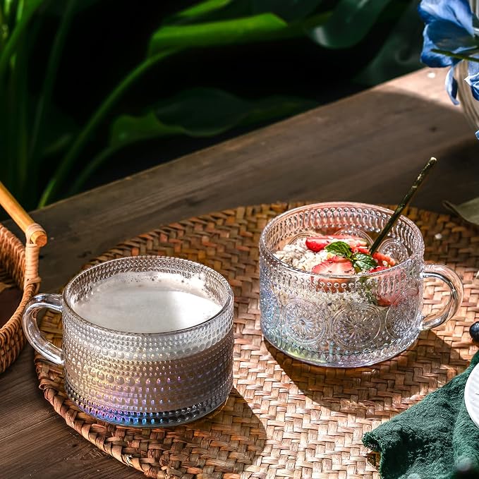 Gezzeny Vintage Glass Coffee Mugs 14 Oz Set of 2 Iridescent Embossed, Tea Cups,Glass Coffee Cups for Cappuccino, Latte,Cereal, Yogurt, Beverage Christmas Thanksgiving Day Gifts - Image 2