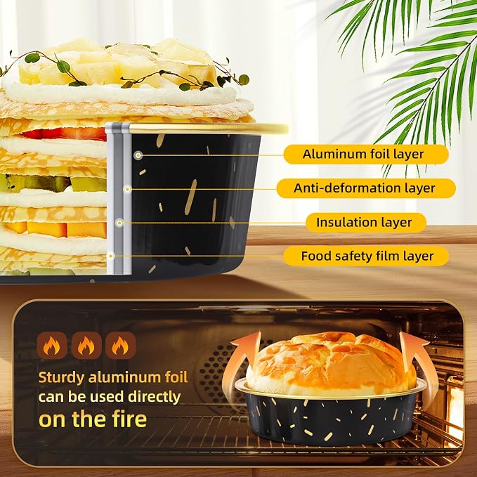 Beasea Pie Tins with Lids 8oz, 120 Pack 4 Inch Disposable Mini Creme Brulee Ramekins Gold Black Small Aluminum Foil Pie Tart Cake Baking Pans Individual Round Containers Oven Safe for Baking - Image 3