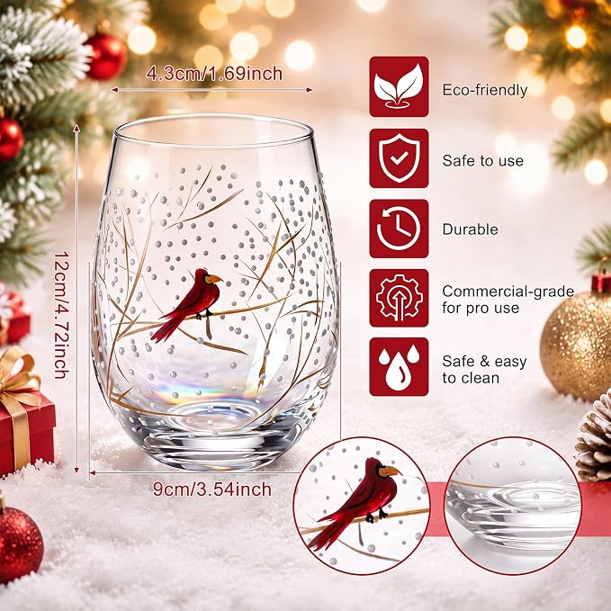 Yungyan 4 Pack Christmas Stemless Wine Glasses, 15 oz Hand Painted Holiday Drinking Tumblers with Cardinal & Snowy Tree Branch Design, Festive Winter Glassware for Xmas Party, Cabin, Home Decor - Image 2