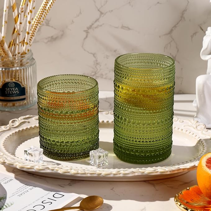 Moretoes Green Hobnail Drinking Glasses Set of 6,Glass Cups | 12 Oz Highball Glasses & 10 Oz Cocktail Glasses, Kitchen Bar Tumbler Glassware Set for Whiskey, Beer, Juice, Milk - Image 2