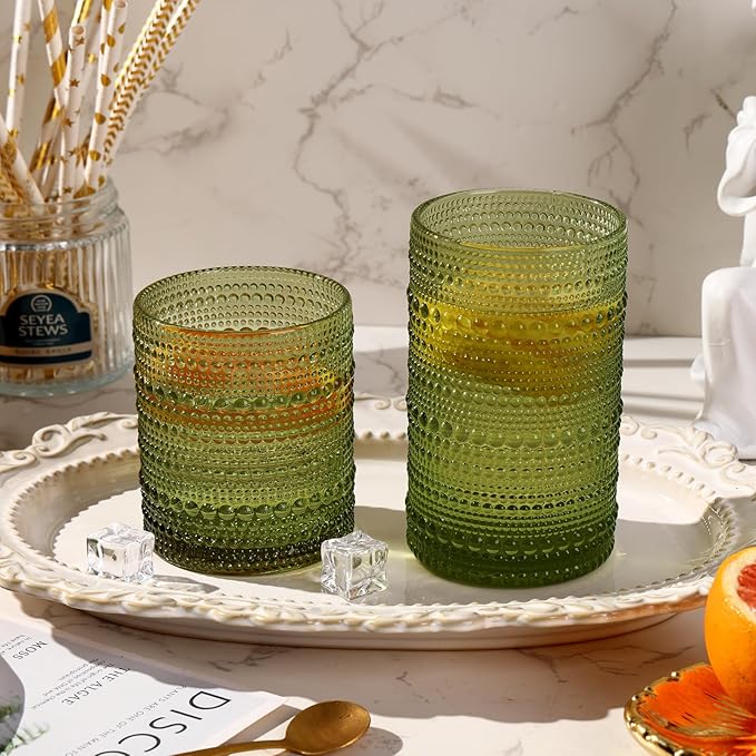 Moretoes Vintage Hobnail Drinking Glasses Set of 12,Green Water Glass Cups | Mixed Glassware Set, 6pcs 12oz Highballs and 6pcs 10oz Old Fashioned Glasses, Great for Cocktail, Whisky and Other Beverages - Image 2