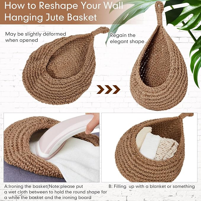 Honeydak Boho Decor Hanging Wall Baskets for Kitchen 3 Pack Teardrop Baskets with Hooks Storage Fruit Onion Vegetable Potato for Home 3 Sizes(Linen,Teardrop,Jute) - Image 4
