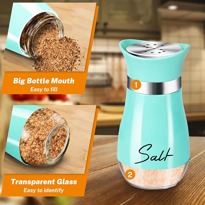 Salt and Pepper Shakers - 2-Piece 4 oz Cyan-Blue Glass Set with Steel Lids | Refillable Glass Shakers with Stainless Steel Lids for Cooking, Dining, RV Trips, Camping and BBQs; 4 oz Capacity Each. - Image 3
